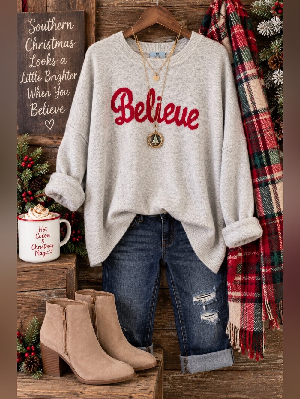 CeCe XL Believe Oversized Sweater Gray Red Christmas Holiday Pullover